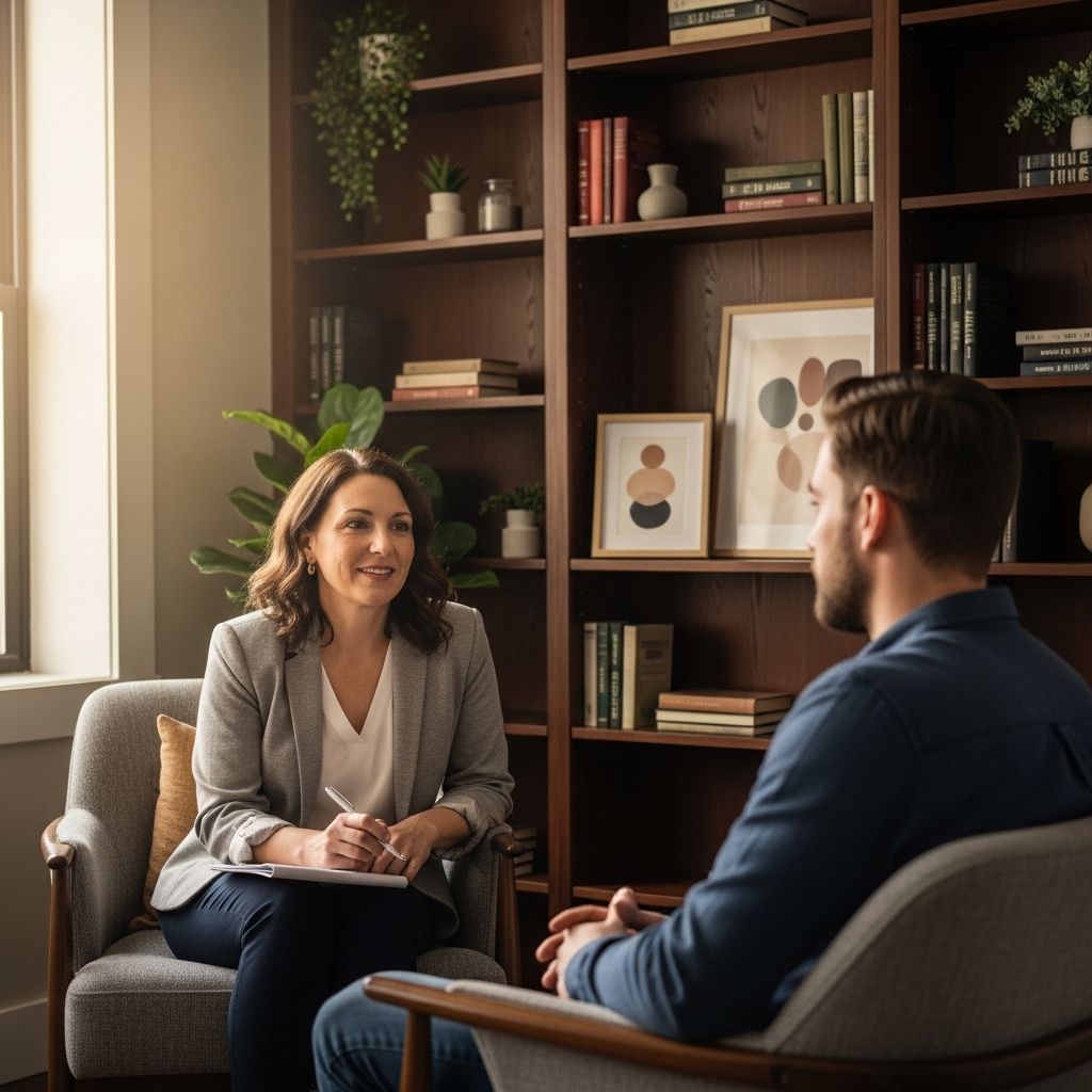 Психолог-консультант проводит сессию с пациентом в уютном офисе с мягким освещением, полками с книгами на заднем плане