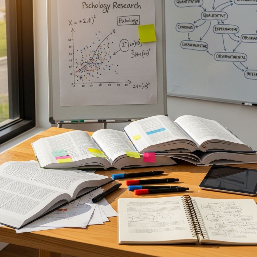 Стол аналитика с распечатанными научными статьями, графиками исследований по психологии и маркерами на белой маркерной доске