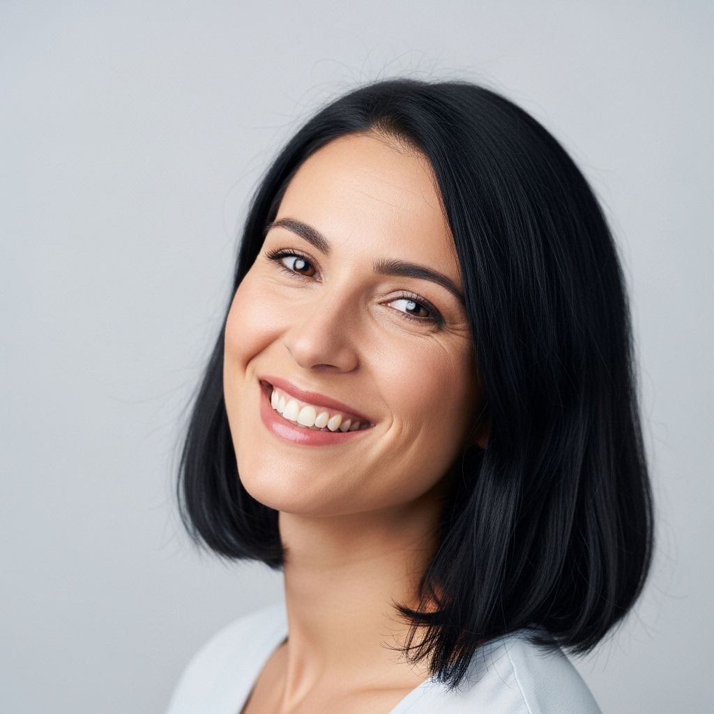 Женщина около 30 лет с тёмными волосами, приятной улыбкой, на светлом фоне — студентка программы по психологии