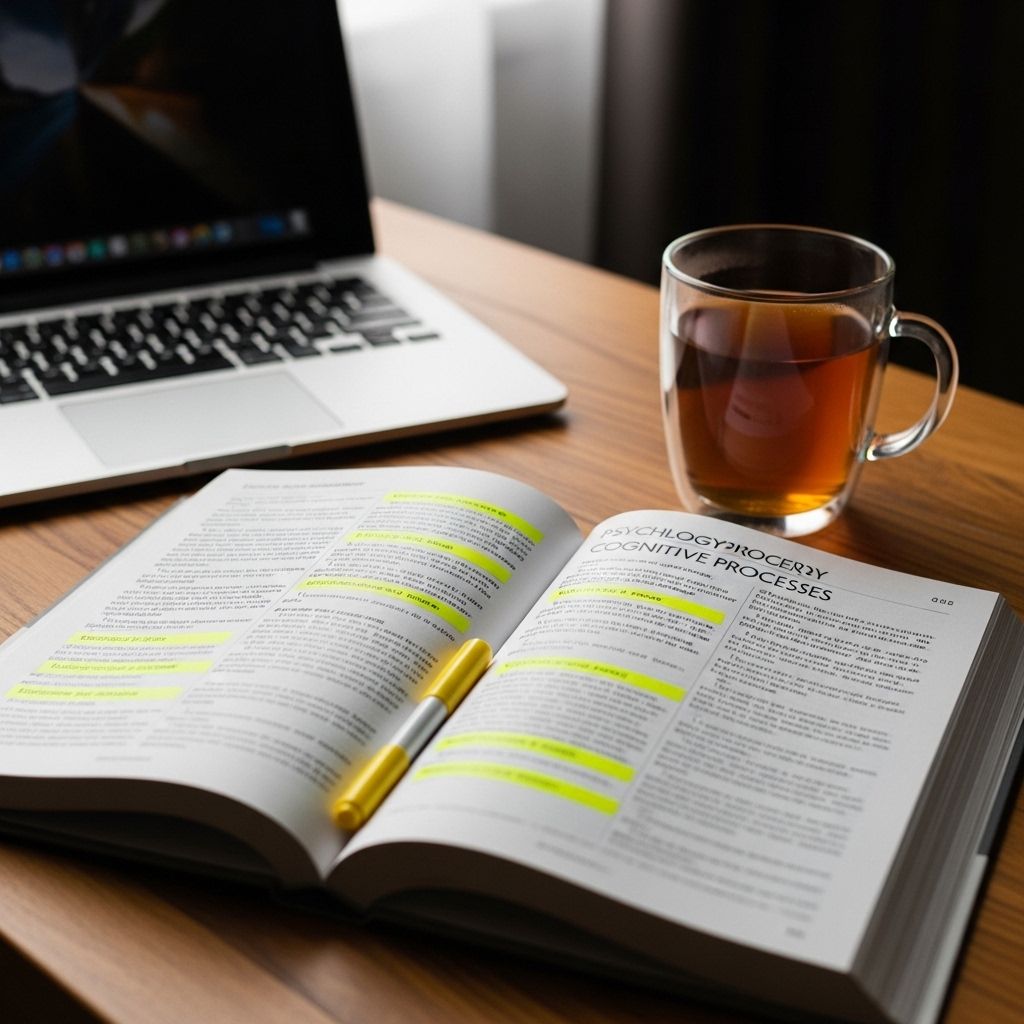 Открытый учебник по психологии с выделенными главами о когнитивных процессах, рядом стакан чая и ноутбук на деревянном столе