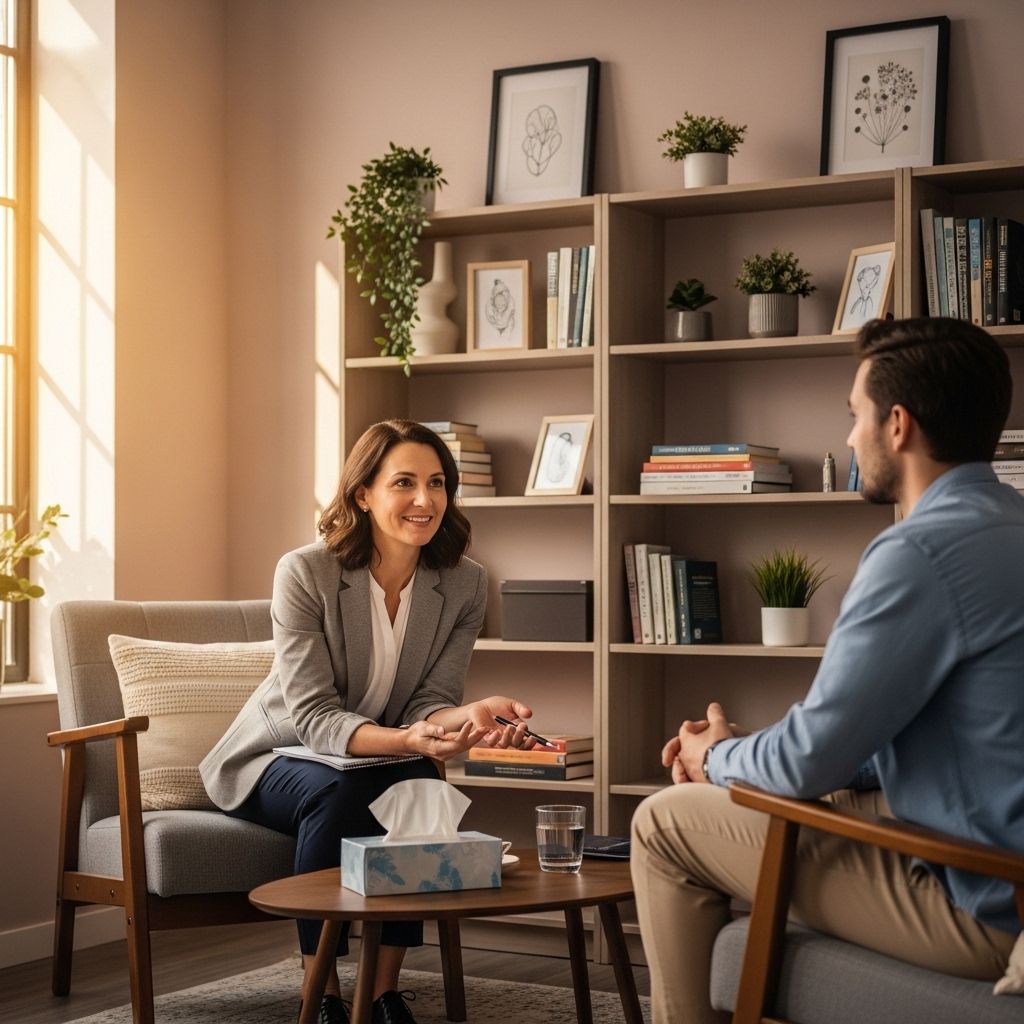 Психолог разговаривает с пациентом на групповой терапии в светлой клинике, участники сидят в круге на удобных стульях