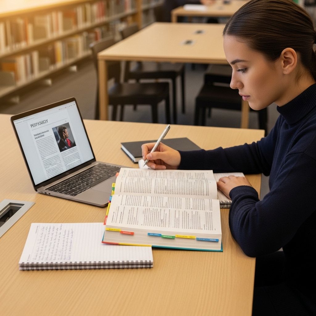 Студентка психологического факультета с книгами и конспектами за столом в университетской библиотеке, на переднем плане открытый учебник