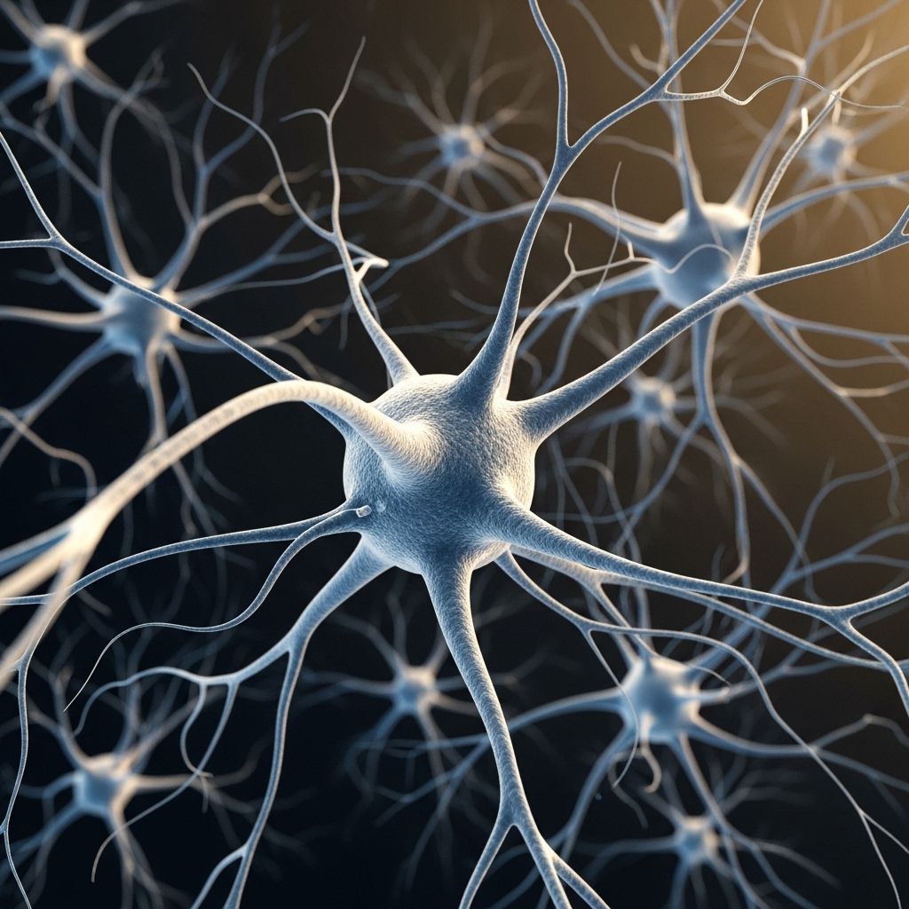 Трёхмерная иллюстрация нейронных связей в головном мозге — голубые и белые нейроны на тёмном фоне в нейронаучном исследовании