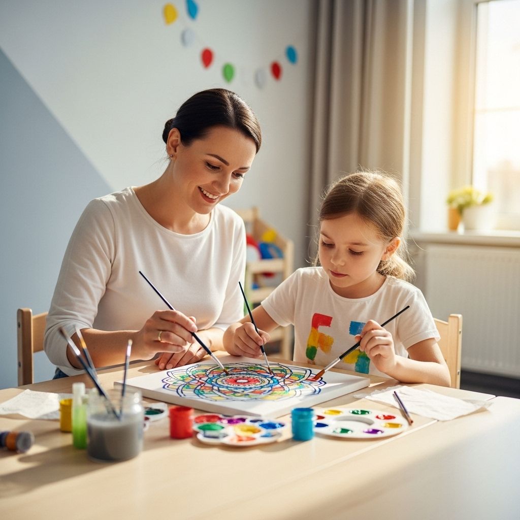 Детский психолог с ребёнком разрисовывает терапевтическую мандалу за столом в светлой игровой комнате детского психологического центра