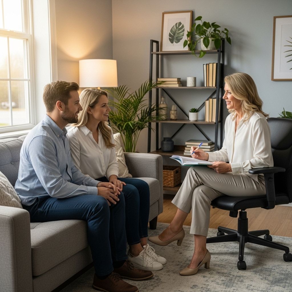 Пара на консультации у семейного терапевта сидит напротив психолога, который делает заметки в рабочей тетради в уютном кабинете