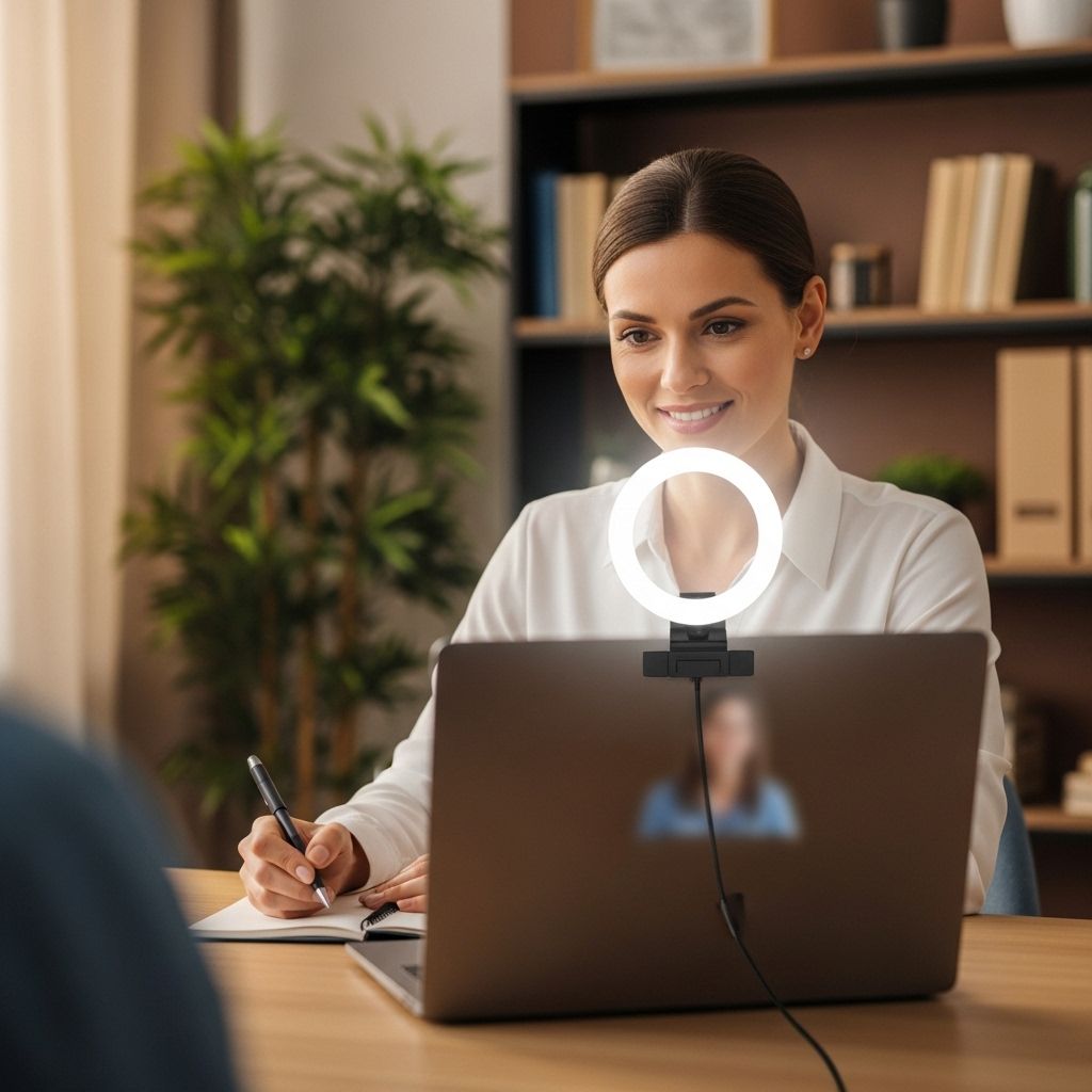Женщина-психолог проводит онлайн-сессию с пациентом через ноутбук в профессионально оборудованном домашнем офисе с кольцевым светом