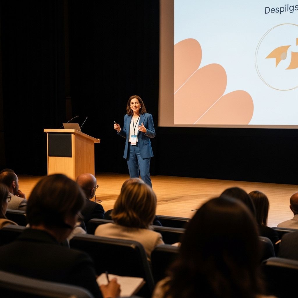 Психолог выступает с презентацией на профессиональной конференции по психологии в конгресс-центре перед аудиторией из специалистов