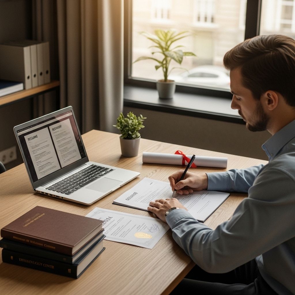 Молодой специалист пишет резюме на ноутбуке и готовится к собеседованию в психологический центр, на столе учебники и диплом