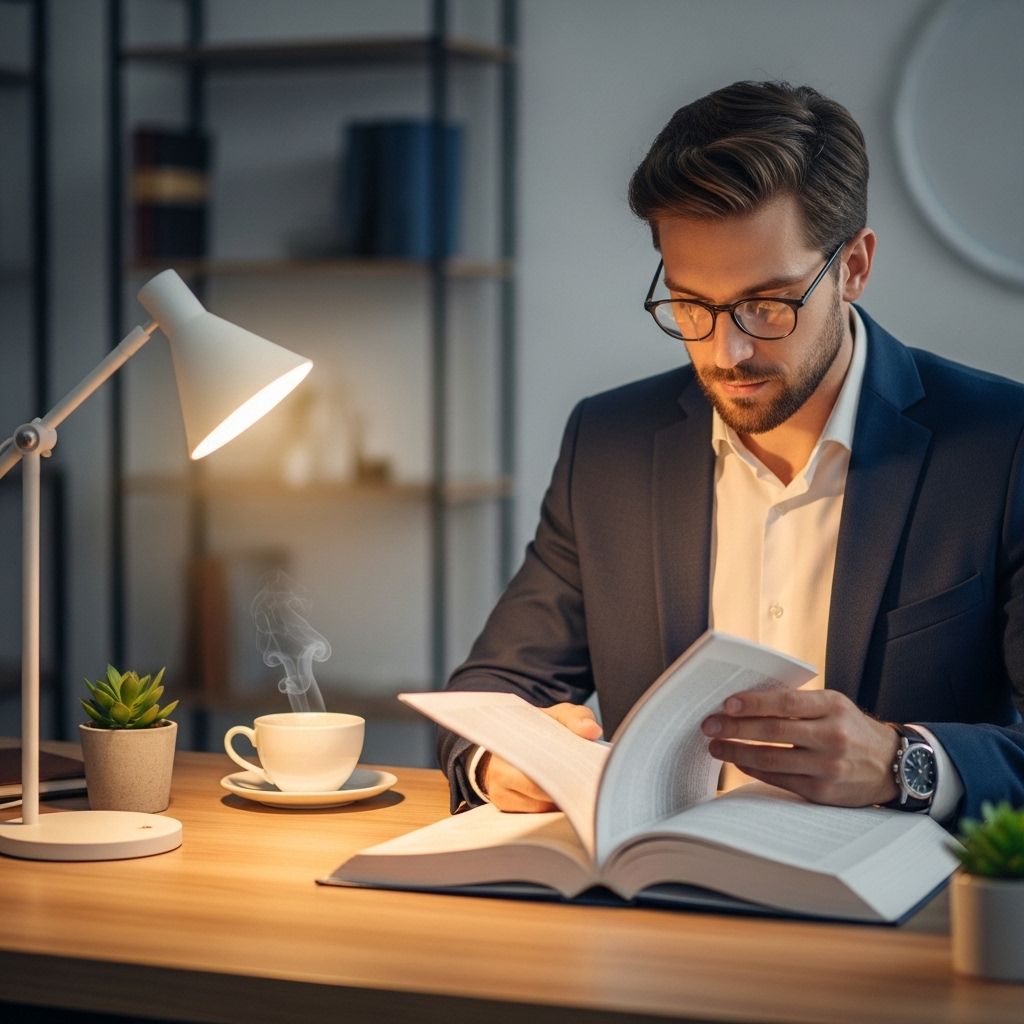 Психолог за рабочим столом с несколькими научными книгами по психотерапии открытыми перед ним, делает заметки в рабочей тетради