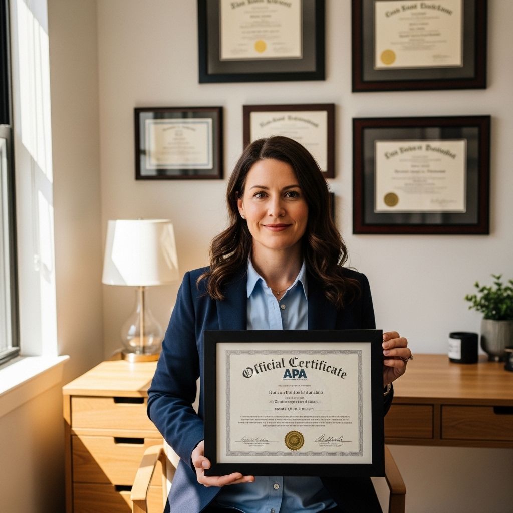 Психолог держит официальный сертификат APA в рамке в руках в профессиональном офисе, на заднем плане дипломы на стене