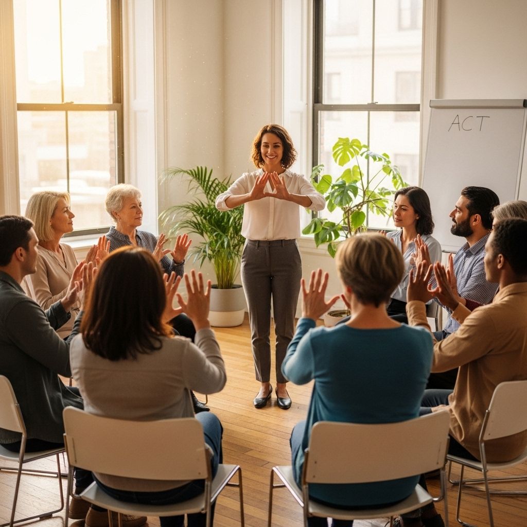 Терапевт демонстрирует технику осознанности группе на тренинге по терапии принятия и ответственности в минималистичном светлом офисе