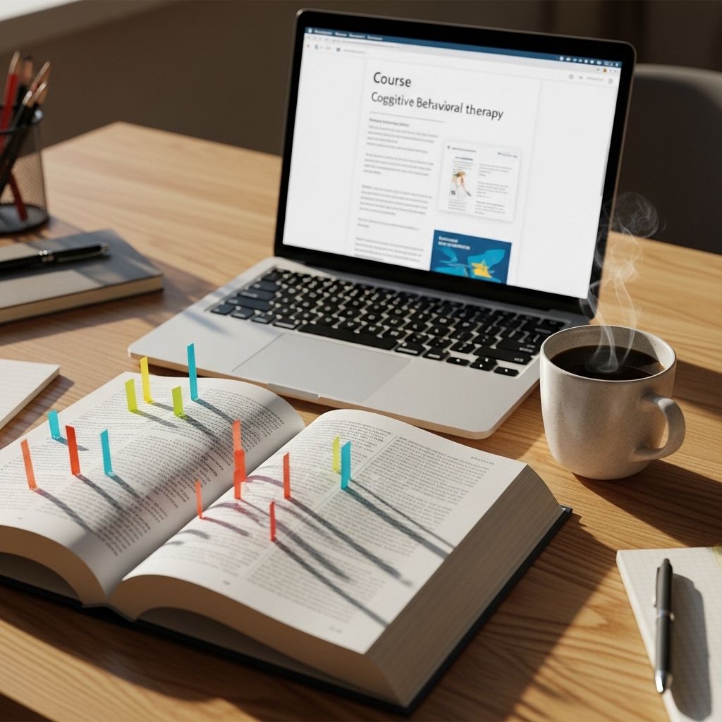 Учебник по когнитивно-поведенческой терапии лежит на рабочем столе рядом с ноутбуком, стаканом кофе и записными книжками