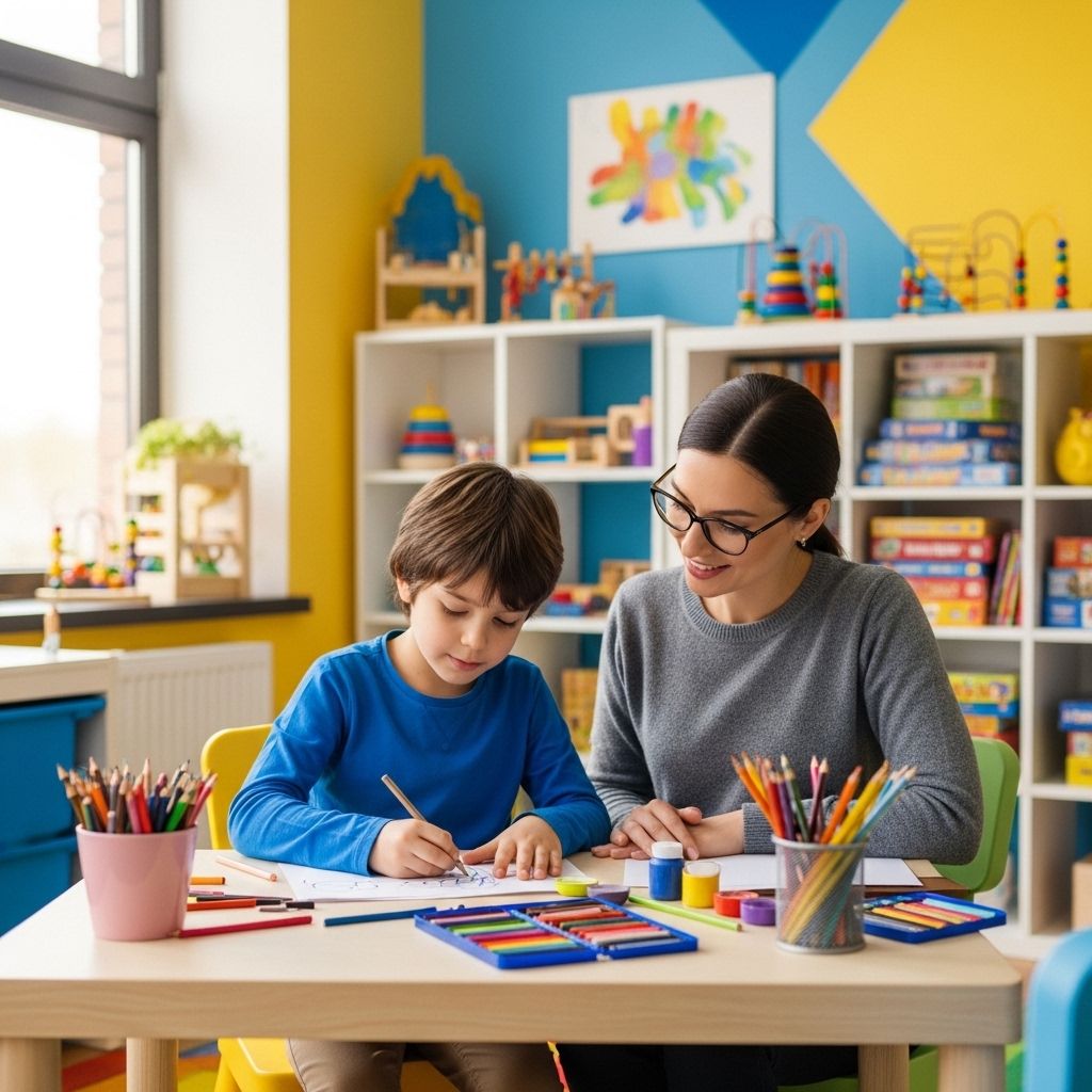 Детский психолог с добродушной улыбкой работает с ребёнком за столом в игровой комнате, используя терапевтические игрушки и рисунки