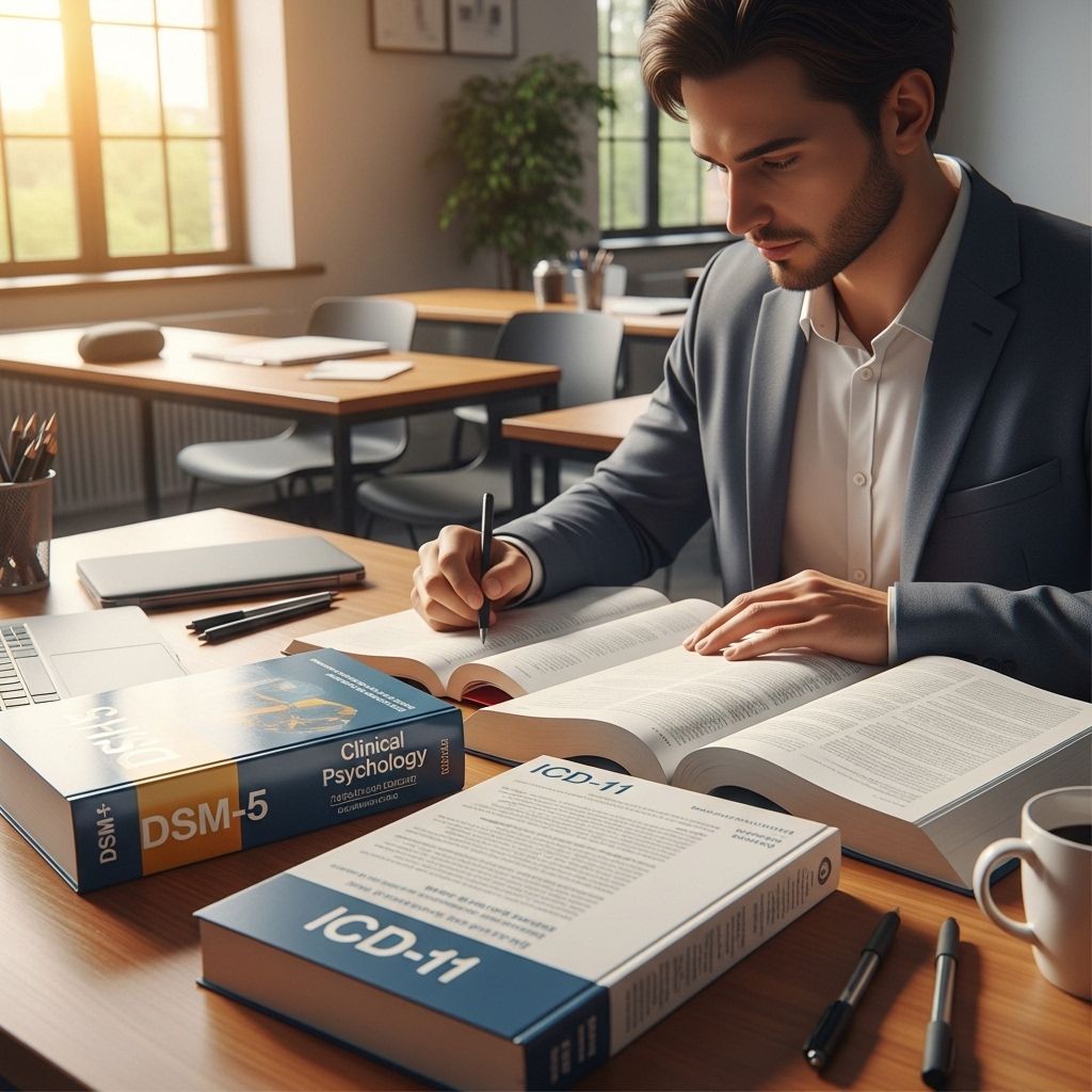 Студент медицинского факультета изучает клиническую психологию с учебниками DSM-5 и МКБ-11 в университетской аудитории