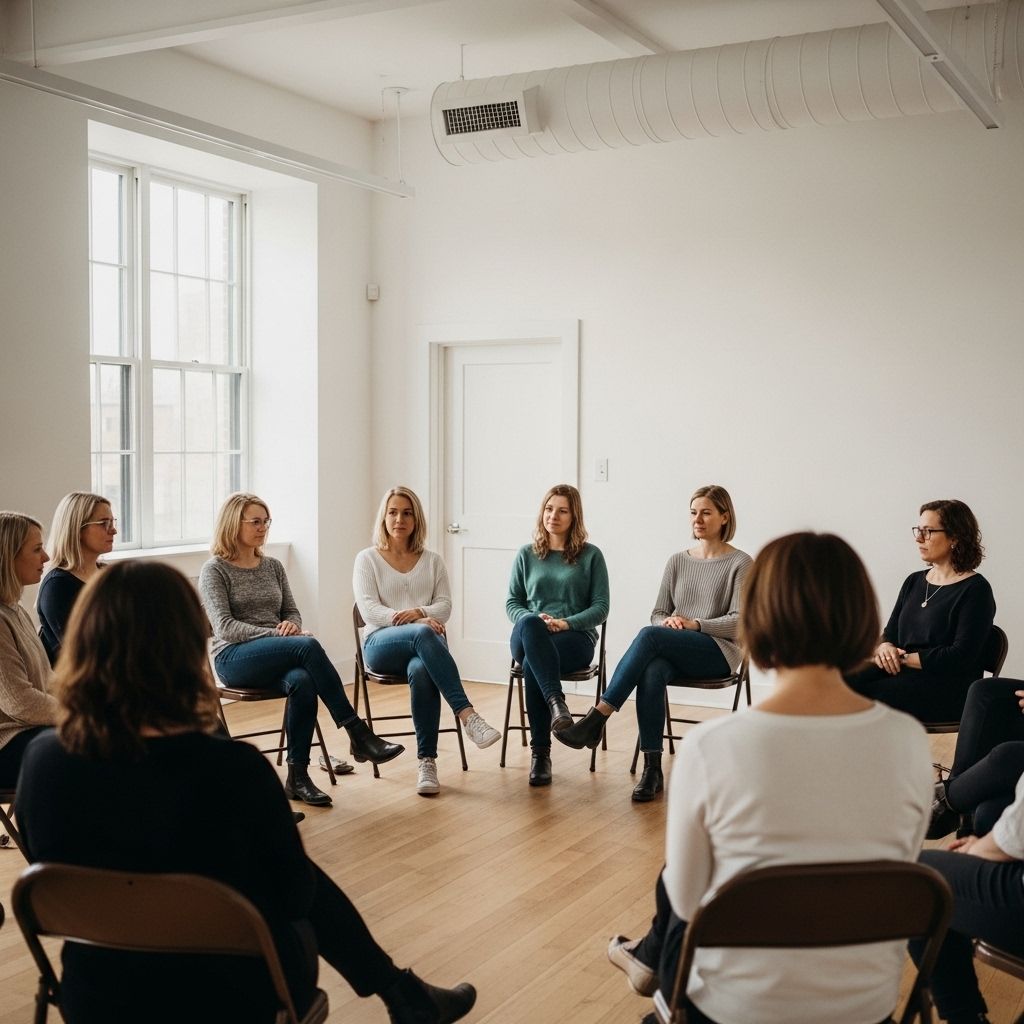 Группа участников тренинга по диалектической поведенческой терапии в кругу на мастер-классе в просторном зале с белыми стенами