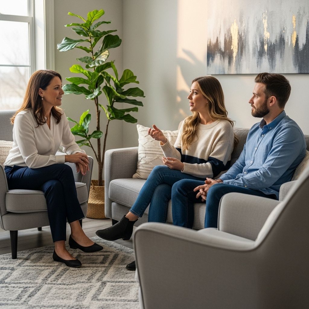 Семейный психолог проводит консультацию для супружеской пары в уютном кабинете с мягкими диванами и зелёными растениями