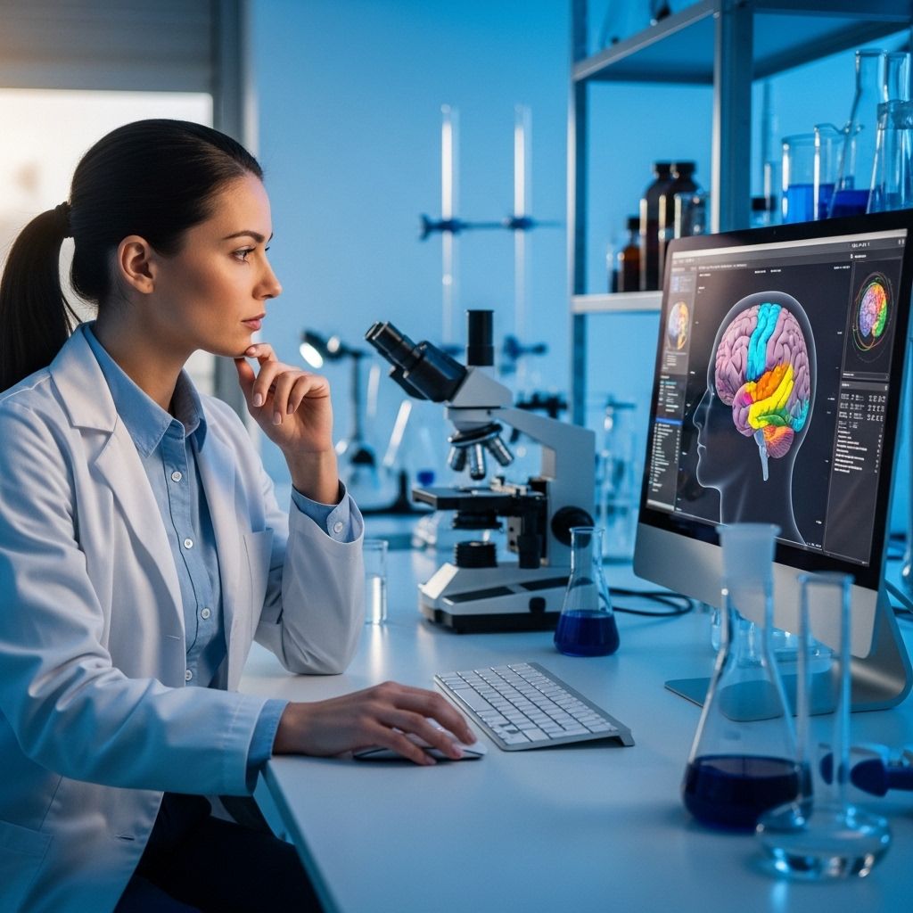Нейропсихолог рассматривает 3D-модель человеческого мозга на мониторе компьютера в научной лаборатории с синим освещением
