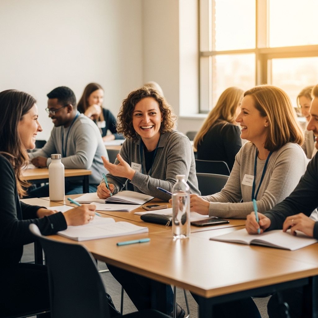 Группа людей на семинаре по позитивной психологии в светлом современном учебном зале, участники улыбаются и обсуждают материал