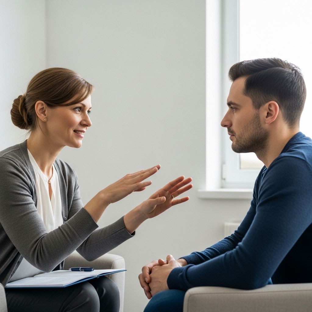 Психолог, специализирующийся на травматерапии, проводит индивидуальную сессию EMDR с пациентом в тихом терапевтическом кабинете