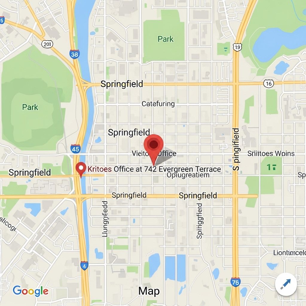 Карта с отмеченным местоположением офиса Kritoes по адресу 742 Evergreen Terrace в Спрингфилде, штат Иллинойс, США, на Google Maps