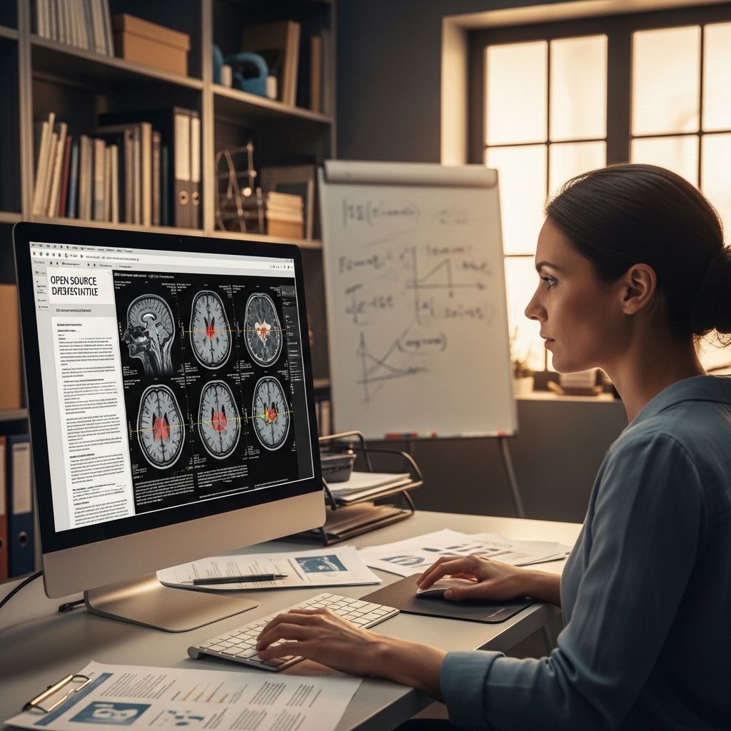 Исследователь в области нейропсихологии работает за компьютером с открытыми научными статьями, на мониторе отображается МРТ-снимок мозга