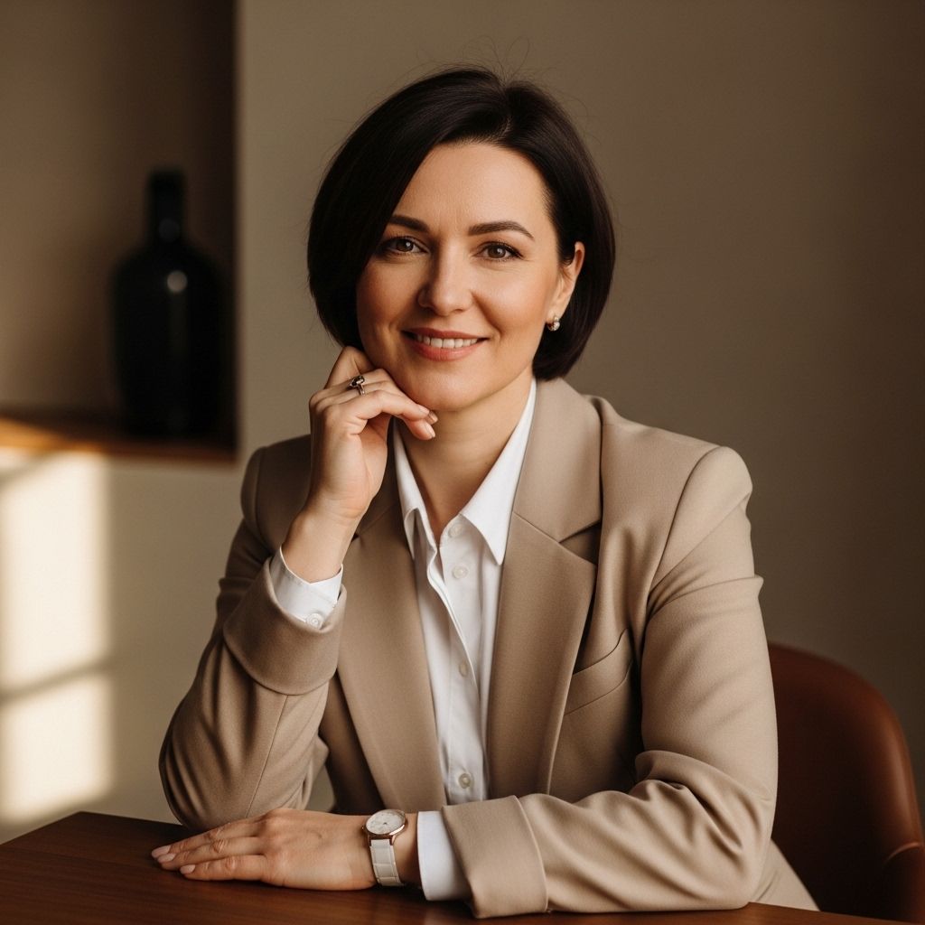 Профессиональный портрет женщины около 45 лет с тёплой улыбкой и короткими тёмно-каштановыми волосами — главный редактор психологического портала