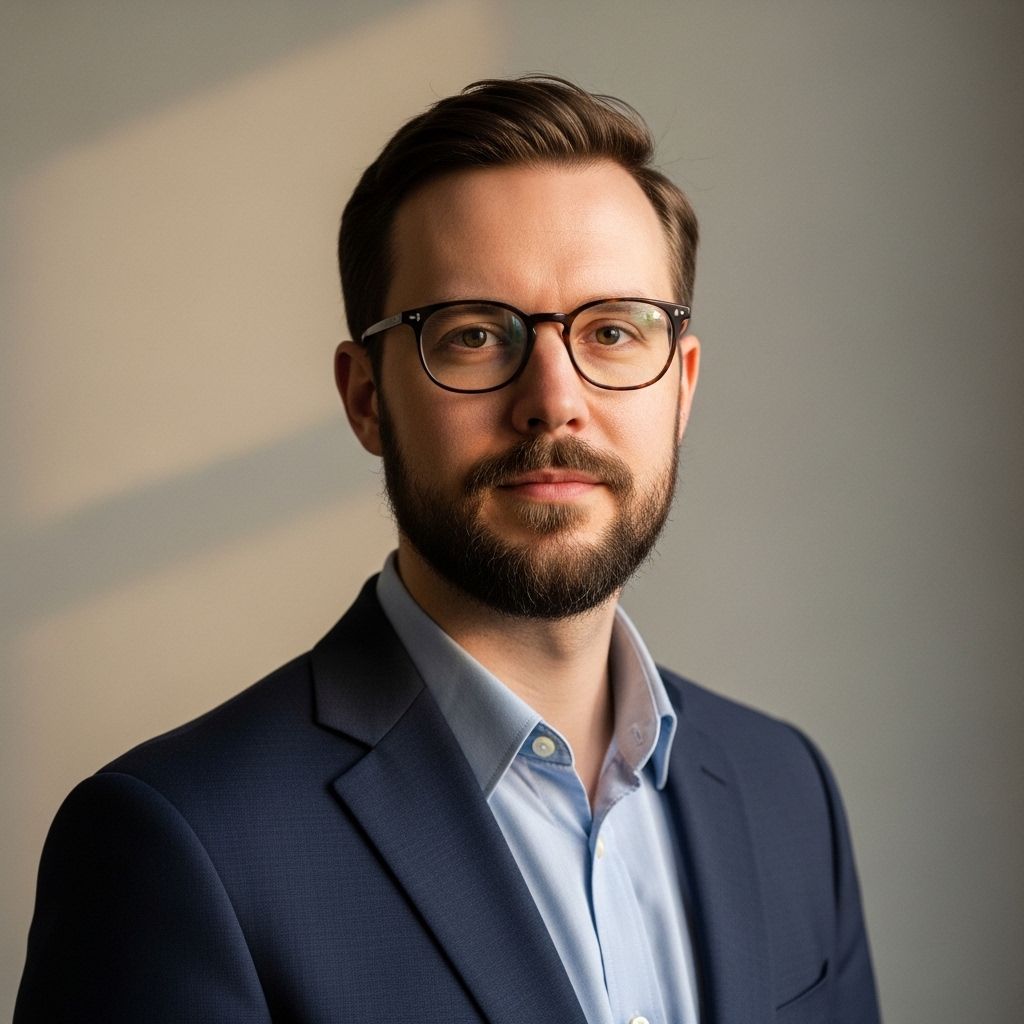Мужчина около 38 лет с очками и бородой, серьёзный взгляд, на нейтральном фоне — нейропсихолог и академический редактор